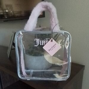 Juicy Couture Large Clear Cosmetic Travel Tote with Pink Faux-Fur Handle